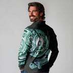 Whale and Dhari Torres Strait Islands Long Sleeve Polo Shirt Deep Green Oceanic Tribal Pattern Art