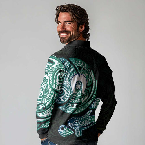 Whale and Dhari Torres Strait Islands Long Sleeve Polo Shirt Deep Green Oceanic Tribal Pattern Art