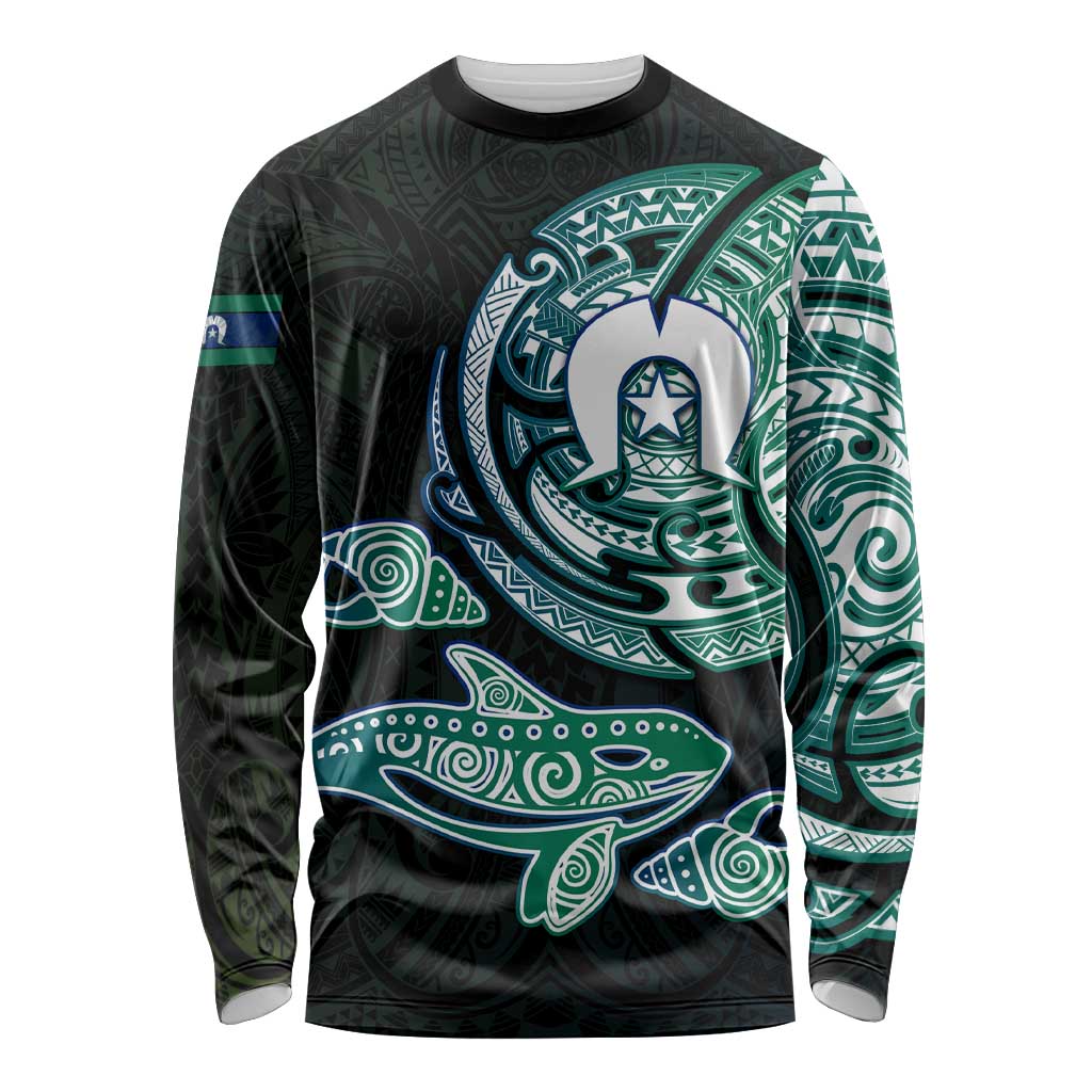 Whale and Dhari Torres Strait Islands Long Sleeve Shirt Deep Green Oceanic Tribal Pattern Art