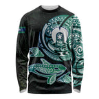 Whale and Dhari Torres Strait Islands Long Sleeve Shirt Deep Green Oceanic Tribal Pattern Art