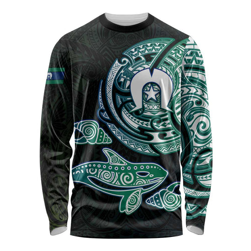 Whale and Dhari Torres Strait Islands Long Sleeve Shirt Deep Green Oceanic Tribal Pattern Art