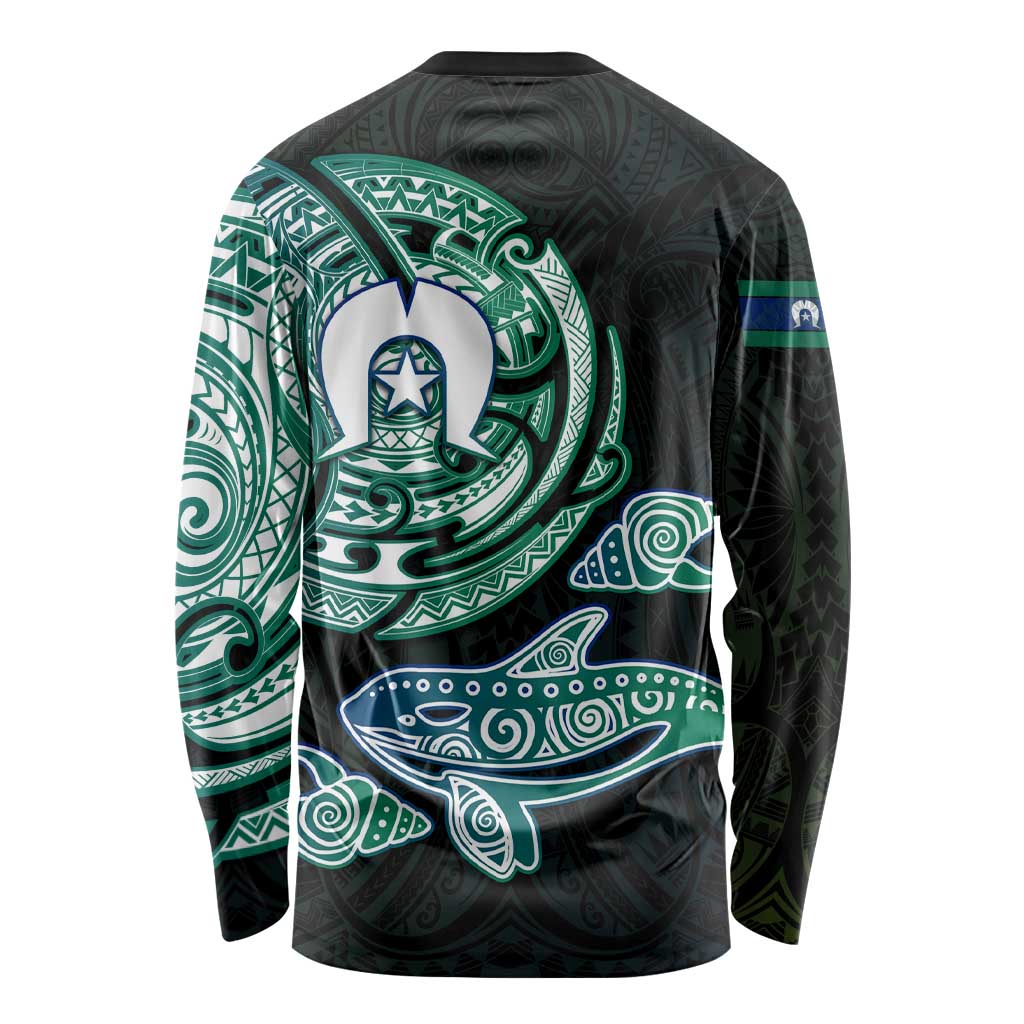 Whale and Dhari Torres Strait Islands Long Sleeve Shirt Deep Green Oceanic Tribal Pattern Art