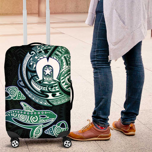 Whale and Dhari Torres Strait Islands Luggage Cover Deep Green Oceanic Tribal Pattern Art