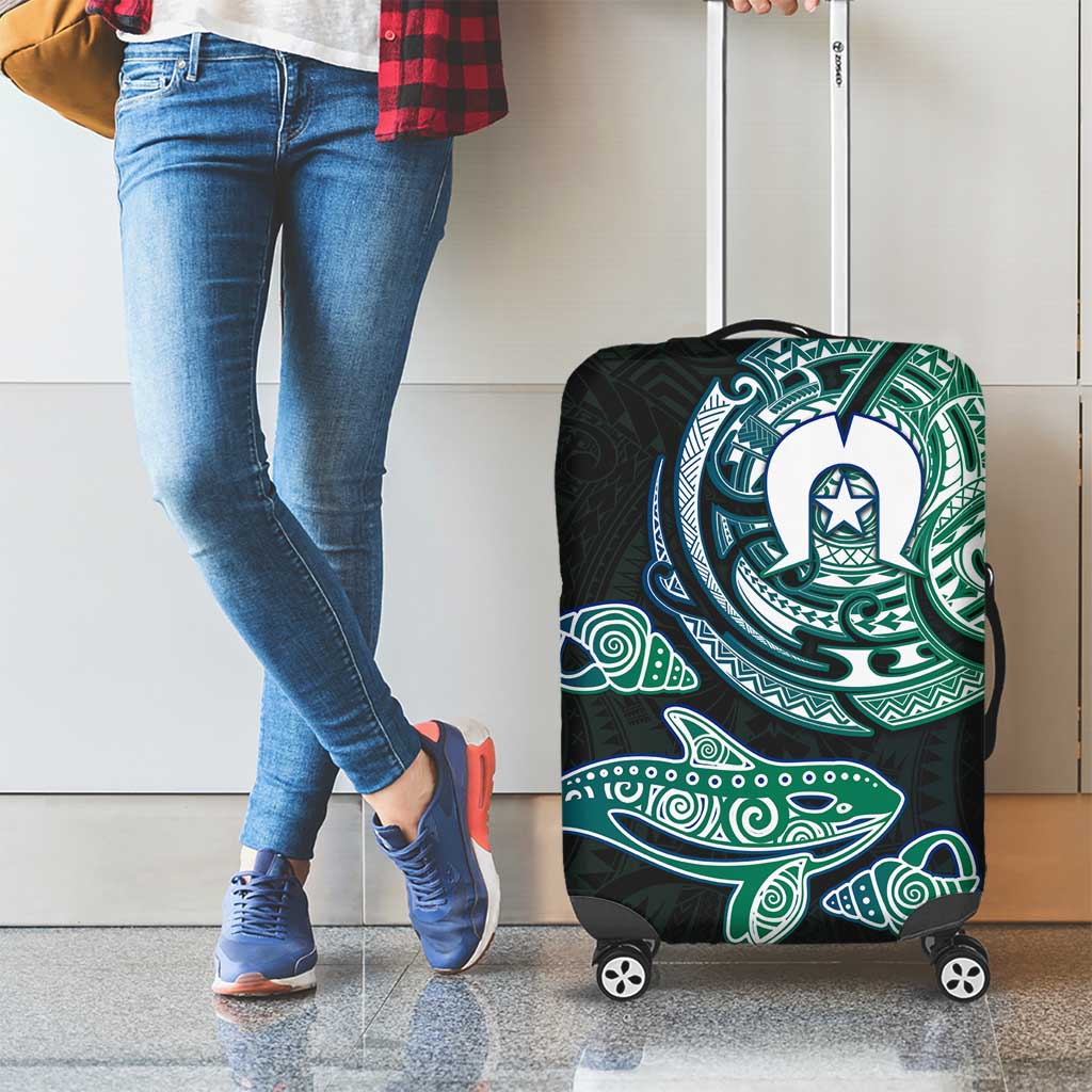 Whale and Dhari Torres Strait Islands Luggage Cover Deep Green Oceanic Tribal Pattern Art