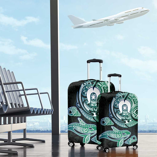 Whale and Dhari Torres Strait Islands Luggage Cover Deep Green Oceanic Tribal Pattern Art