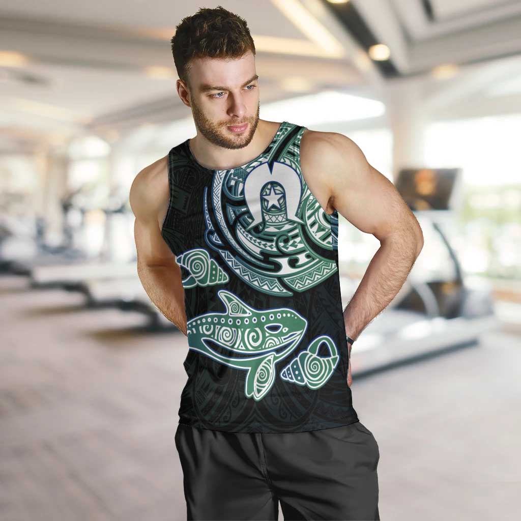 Whale and Dhari Torres Strait Islands Men Tank Top Deep Green Oceanic Tribal Pattern Art