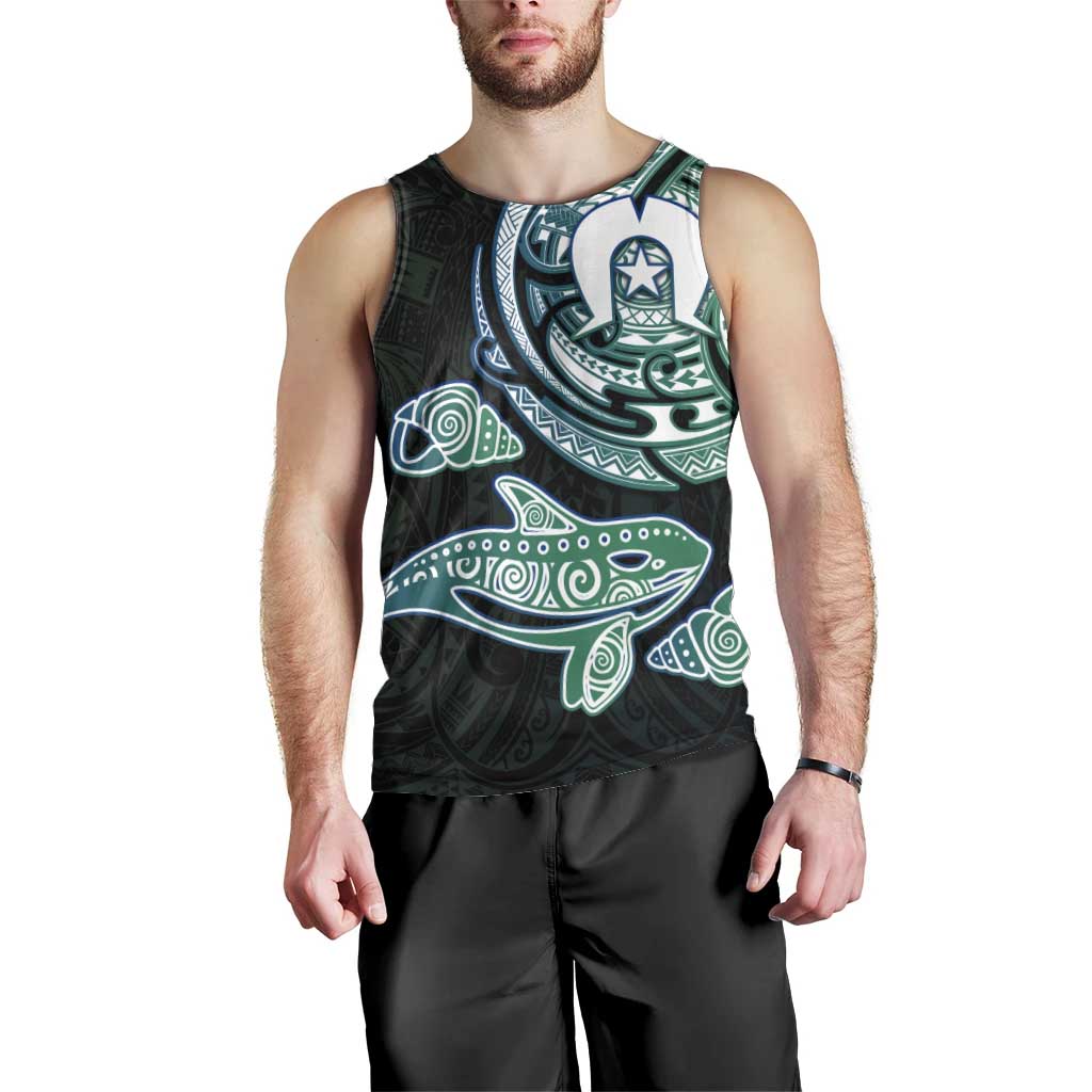 Whale and Dhari Torres Strait Islands Men Tank Top Deep Green Oceanic Tribal Pattern Art
