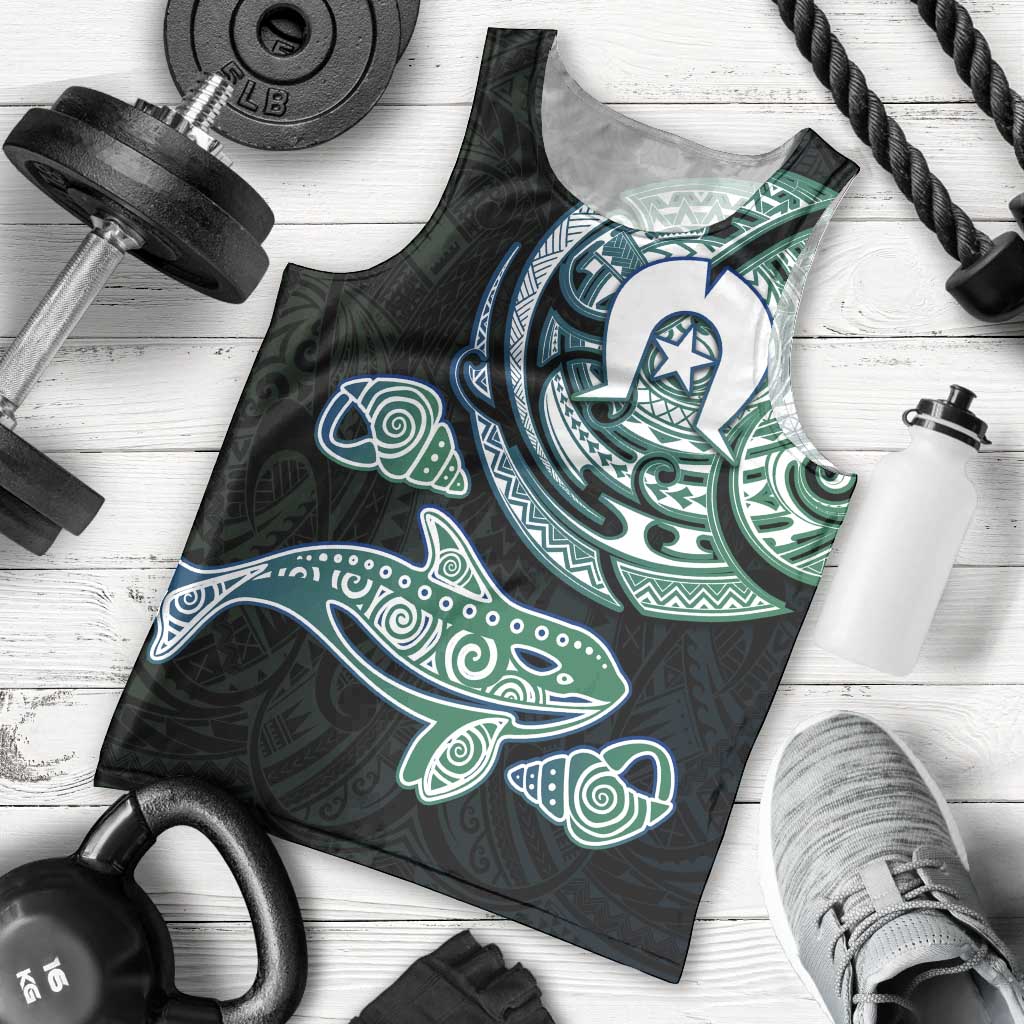 Whale and Dhari Torres Strait Islands Men Tank Top Deep Green Oceanic Tribal Pattern Art