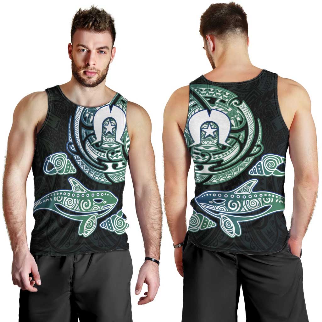 Whale and Dhari Torres Strait Islands Men Tank Top Deep Green Oceanic Tribal Pattern Art