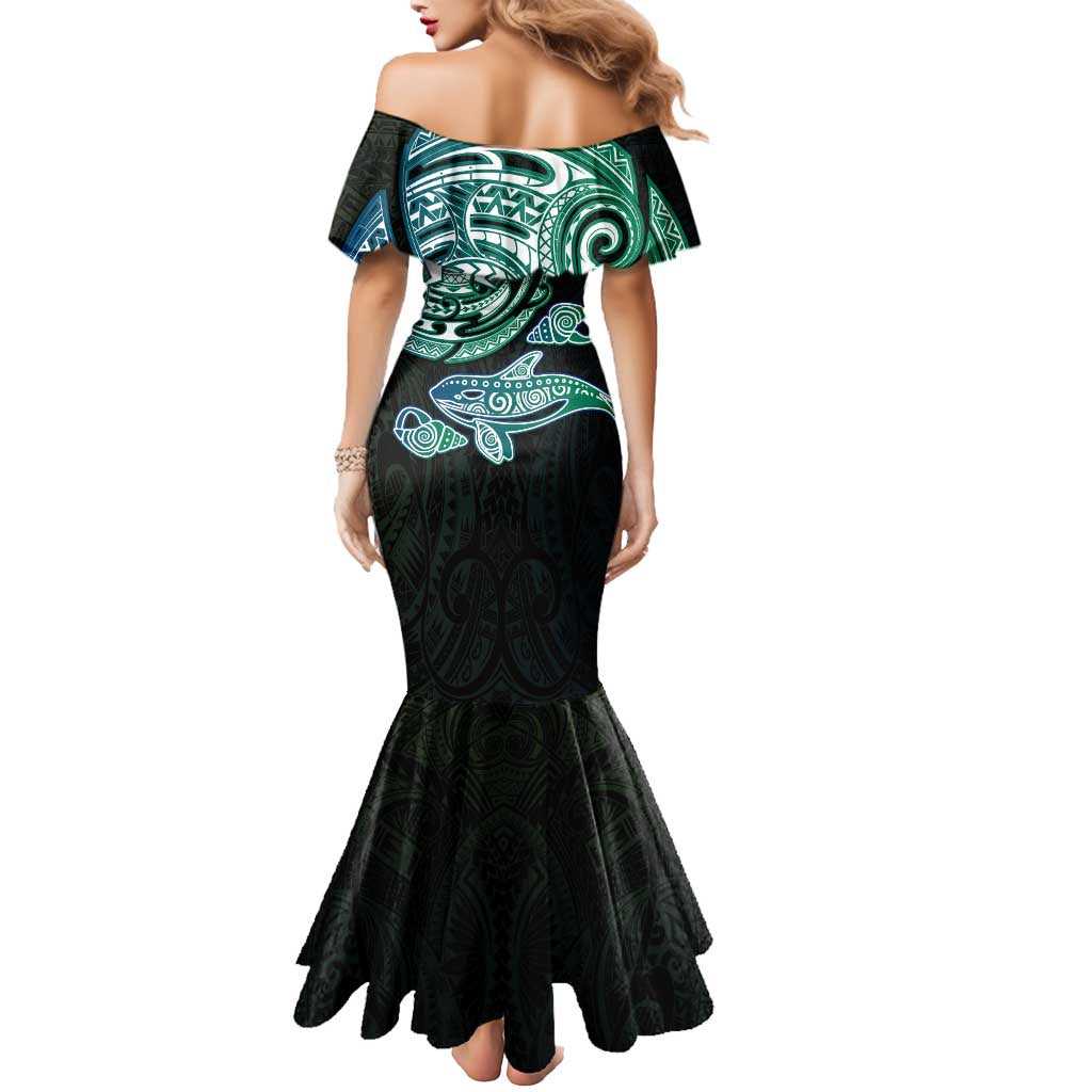 Whale and Dhari Torres Strait Islands Mermaid Dress Deep Green Oceanic Tribal Pattern Art