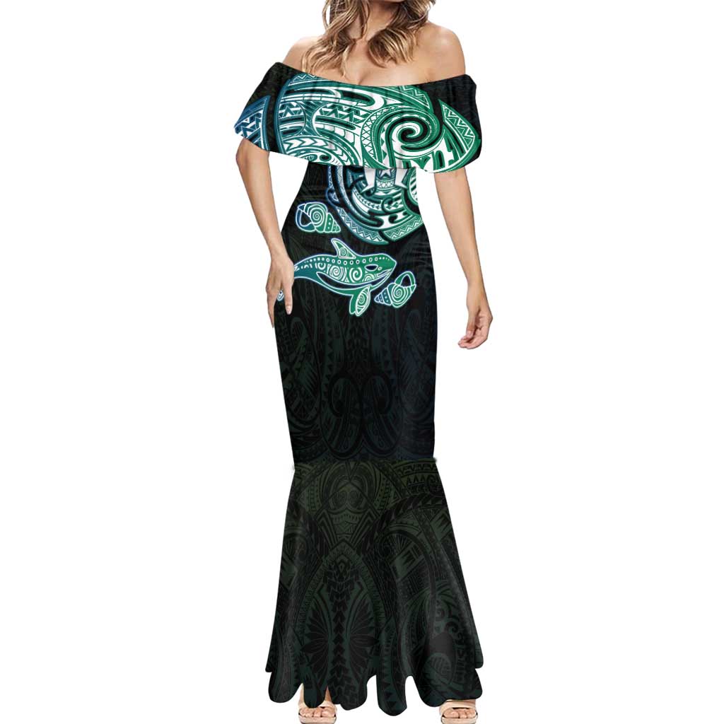 Whale and Dhari Torres Strait Islands Mermaid Dress Deep Green Oceanic Tribal Pattern Art