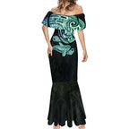 Whale and Dhari Torres Strait Islands Mermaid Dress Deep Green Oceanic Tribal Pattern Art