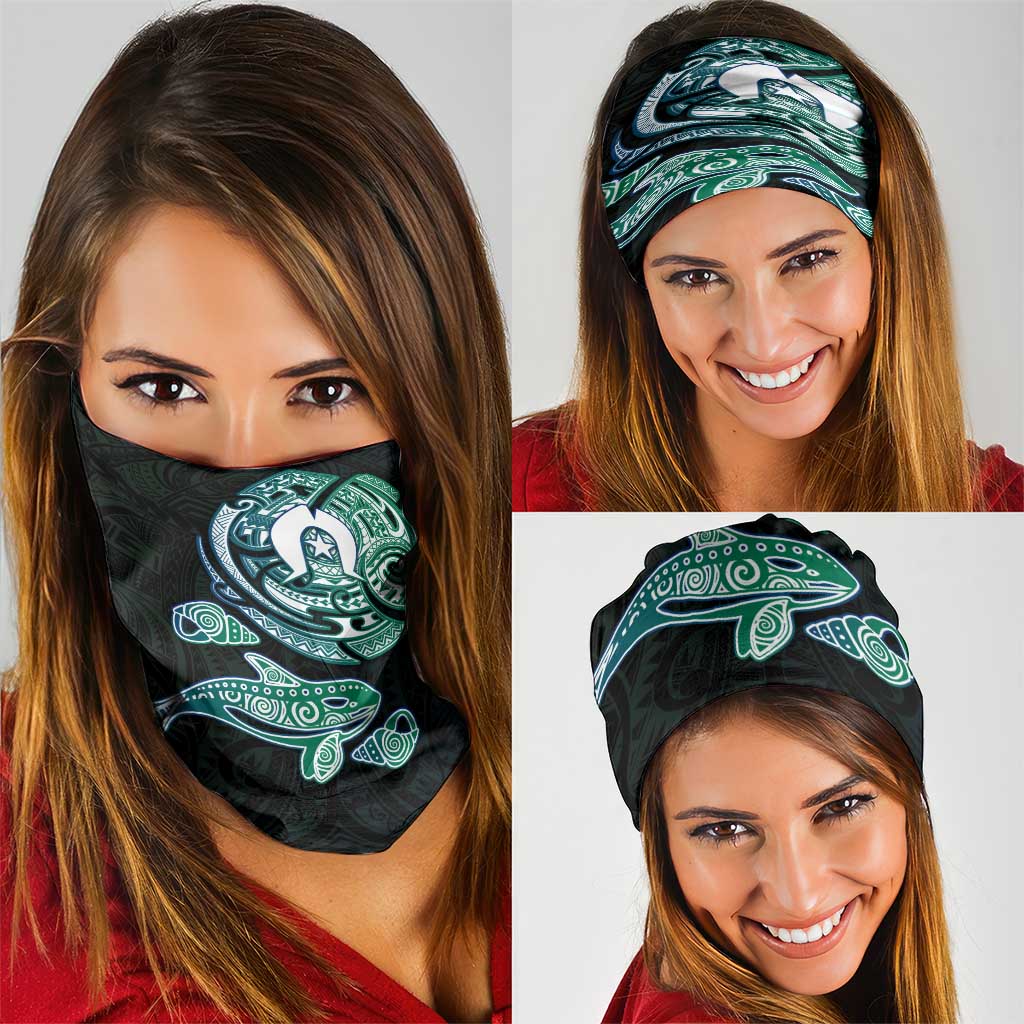 Whale and Dhari Torres Strait Islands Neck Gaiter Deep Green Oceanic Tribal Pattern Art