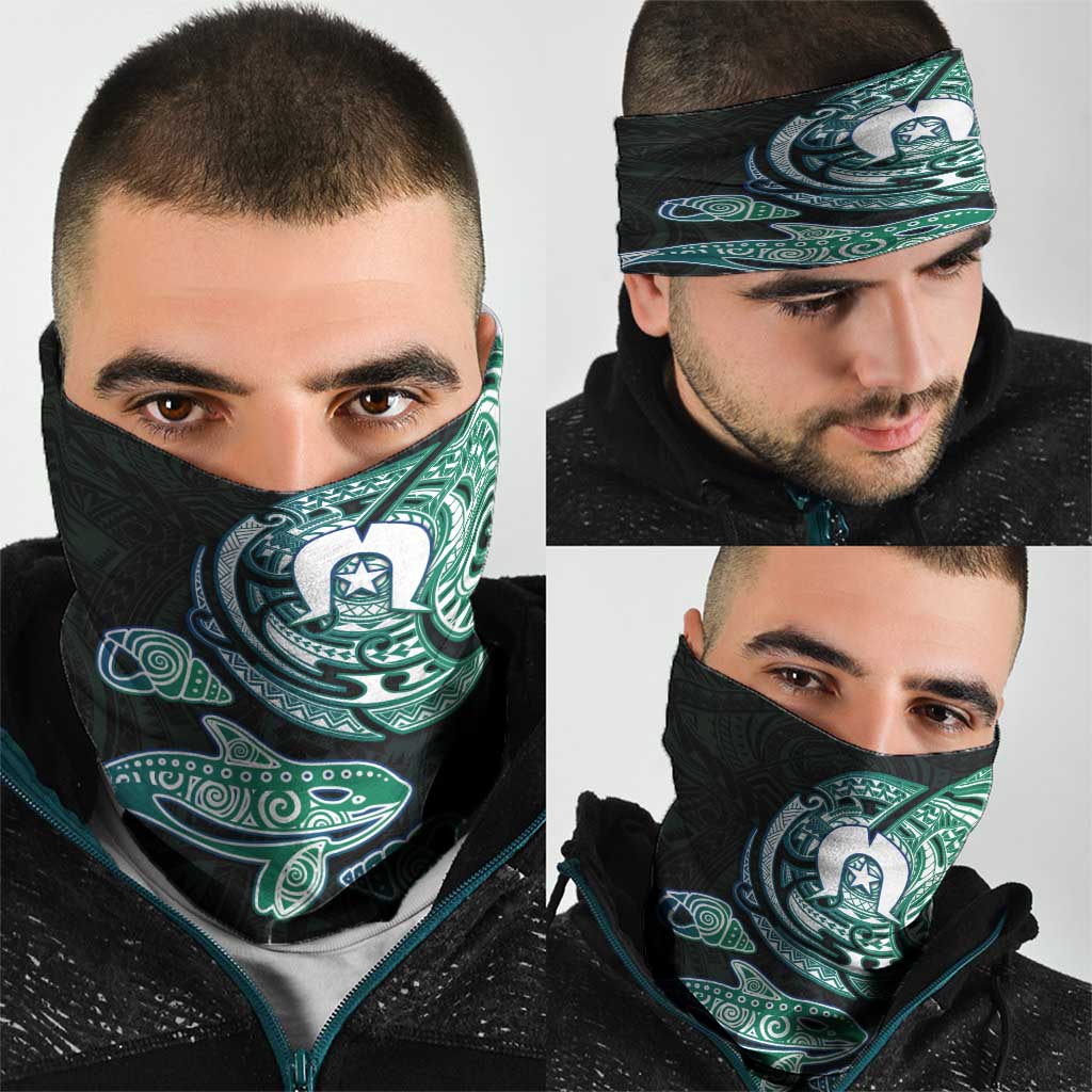 Whale and Dhari Torres Strait Islands Neck Gaiter Deep Green Oceanic Tribal Pattern Art