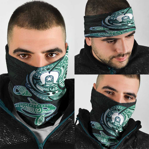 Whale and Dhari Torres Strait Islands Neck Gaiter Deep Green Oceanic Tribal Pattern Art