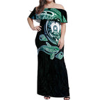 Whale and Dhari Torres Strait Islands Off Shoulder Maxi Dress Deep Green Oceanic Tribal Pattern Art
