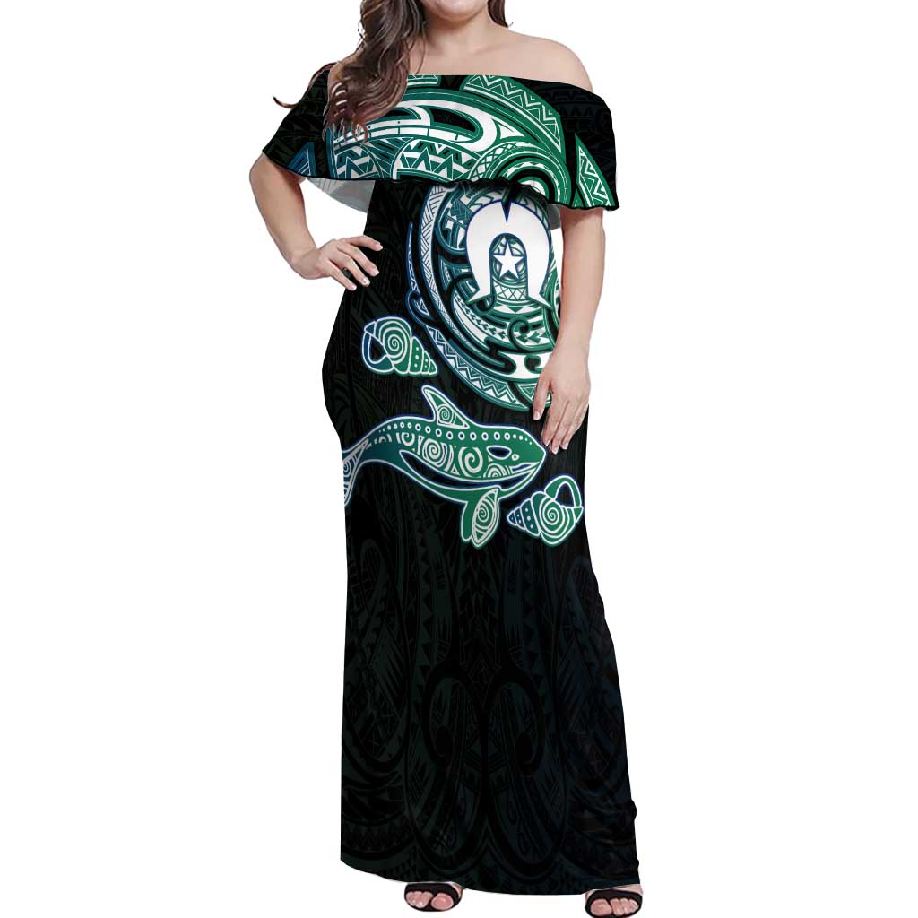 Whale and Dhari Torres Strait Islands Off Shoulder Maxi Dress Deep Green Oceanic Tribal Pattern Art