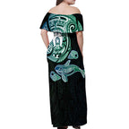 Whale and Dhari Torres Strait Islands Off Shoulder Maxi Dress Deep Green Oceanic Tribal Pattern Art