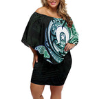 Whale and Dhari Torres Strait Islands Off Shoulder Short Dress Deep Green Oceanic Tribal Pattern Art