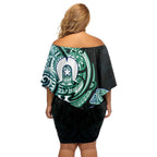 Whale and Dhari Torres Strait Islands Off Shoulder Short Dress Deep Green Oceanic Tribal Pattern Art