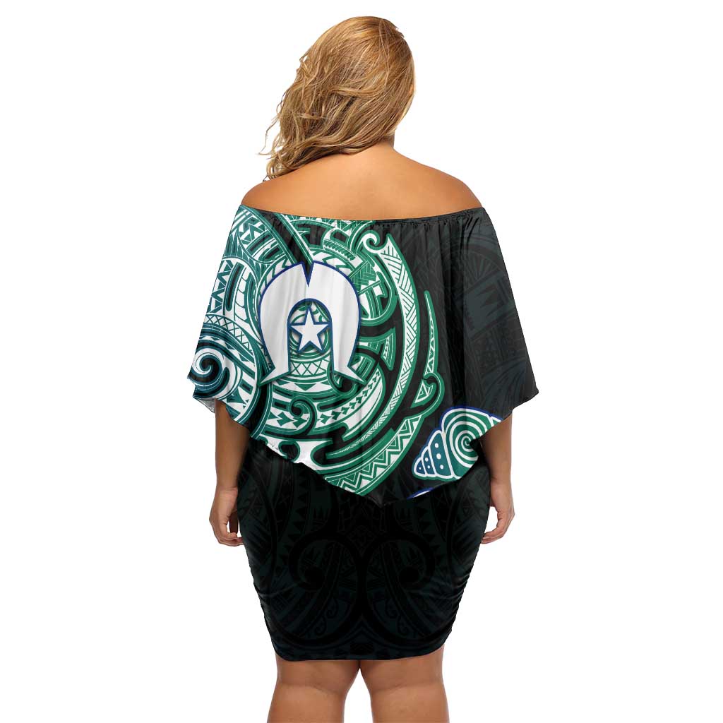 Whale and Dhari Torres Strait Islands Off Shoulder Short Dress Deep Green Oceanic Tribal Pattern Art