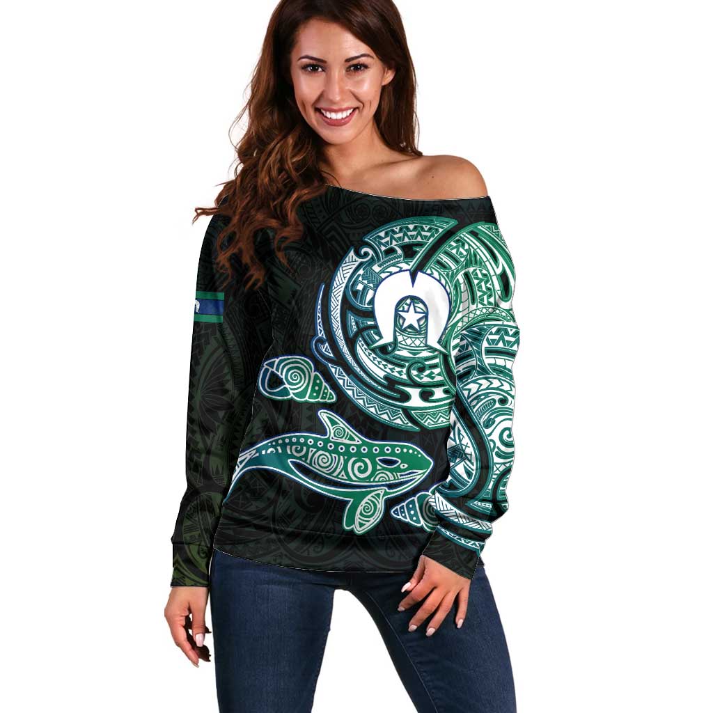 Whale and Dhari Torres Strait Islands Off Shoulder Sweater Deep Green Oceanic Tribal Pattern Art