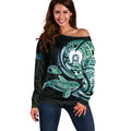 Whale and Dhari Torres Strait Islands Off Shoulder Sweater Deep Green Oceanic Tribal Pattern Art