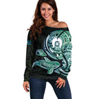Whale and Dhari Torres Strait Islands Off Shoulder Sweater Deep Green Oceanic Tribal Pattern Art