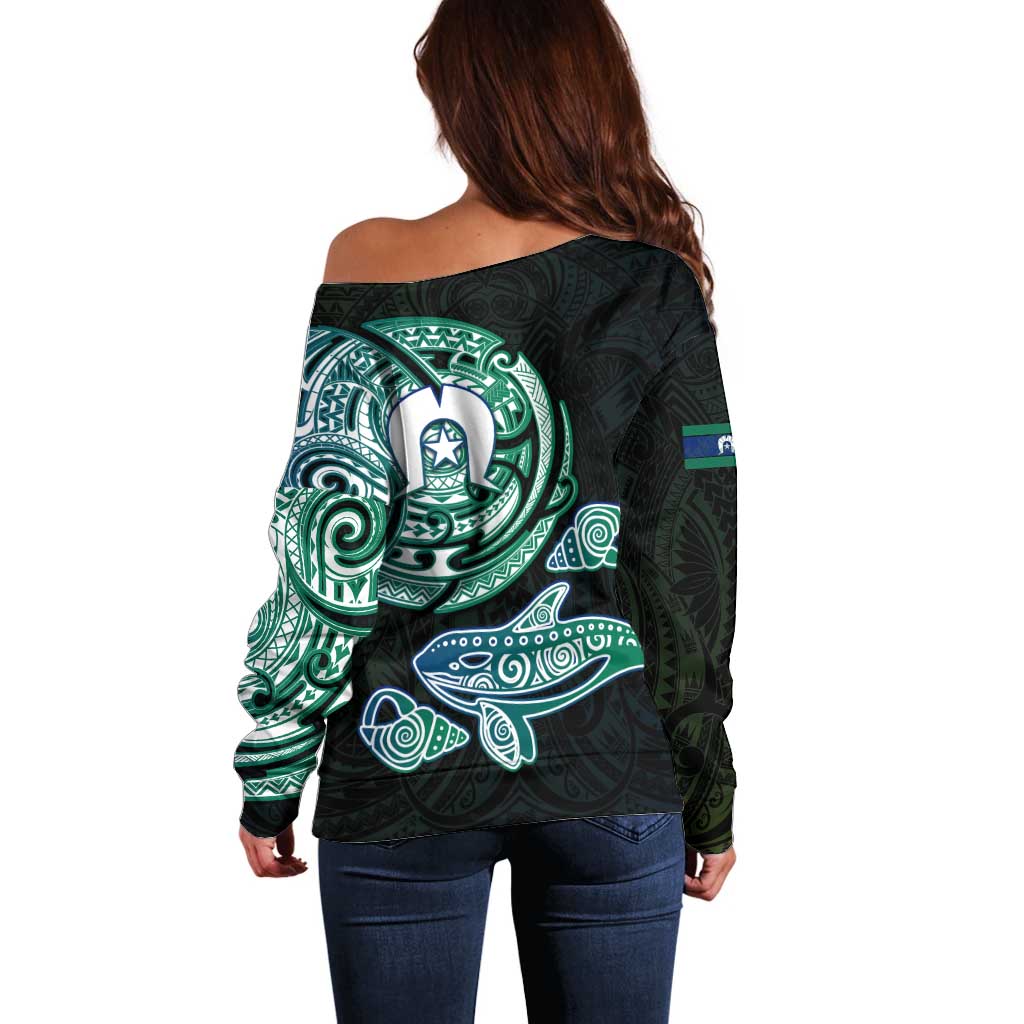 Whale and Dhari Torres Strait Islands Off Shoulder Sweater Deep Green Oceanic Tribal Pattern Art