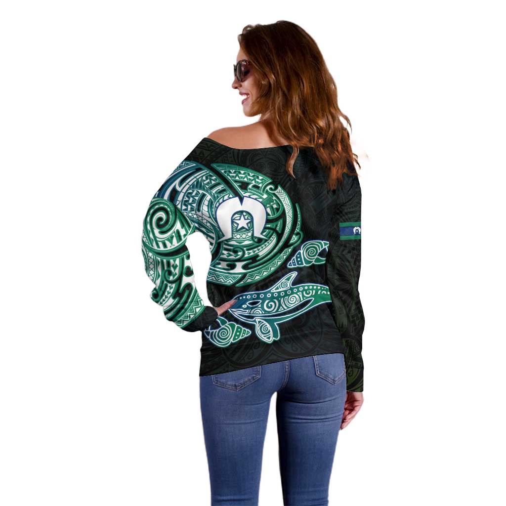 Whale and Dhari Torres Strait Islands Off Shoulder Sweater Deep Green Oceanic Tribal Pattern Art