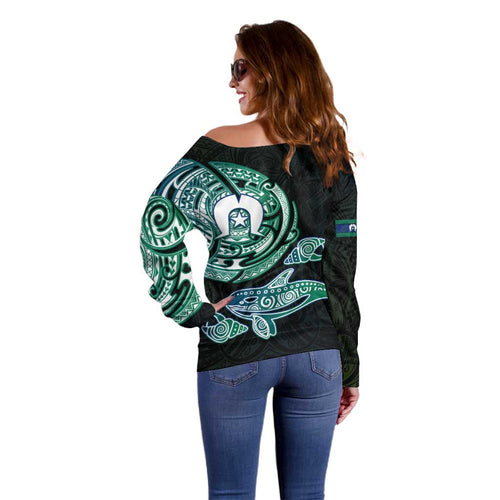 Whale and Dhari Torres Strait Islands Off Shoulder Sweater Deep Green Oceanic Tribal Pattern Art