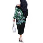 Whale and Dhari Torres Strait Islands Off The Shoulder Long Sleeve Dress Deep Green Oceanic Tribal Pattern Art