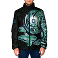Whale and Dhari Torres Strait Islands Padded Jacket Deep Green Oceanic Tribal Pattern Art