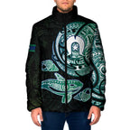 Whale and Dhari Torres Strait Islands Padded Jacket Deep Green Oceanic Tribal Pattern Art