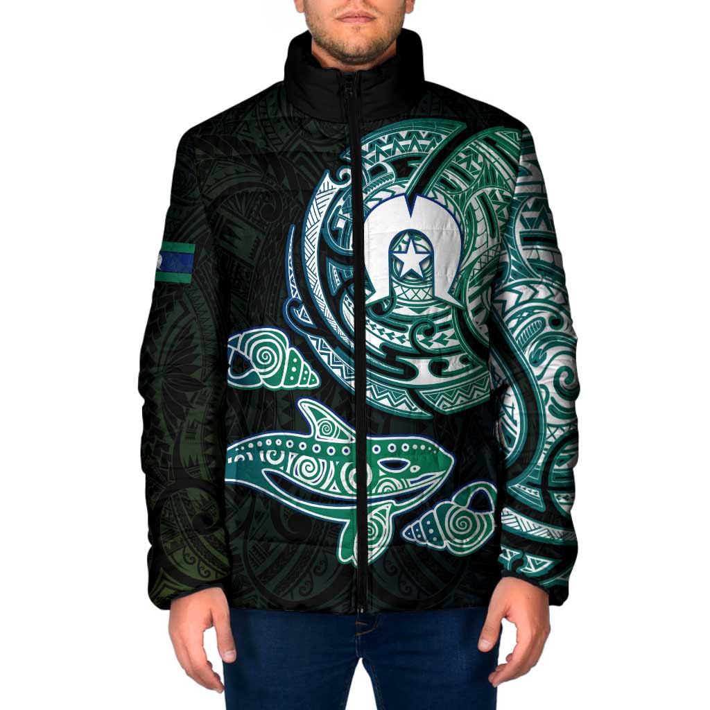 Whale and Dhari Torres Strait Islands Padded Jacket Deep Green Oceanic Tribal Pattern Art