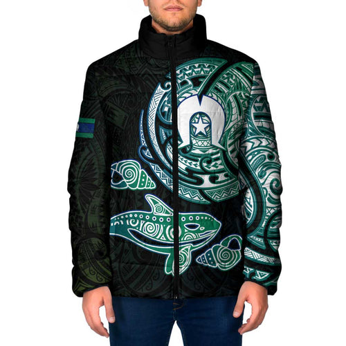 Whale and Dhari Torres Strait Islands Padded Jacket Deep Green Oceanic Tribal Pattern Art