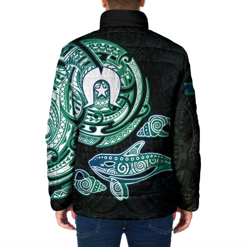 Whale and Dhari Torres Strait Islands Padded Jacket Deep Green Oceanic Tribal Pattern Art