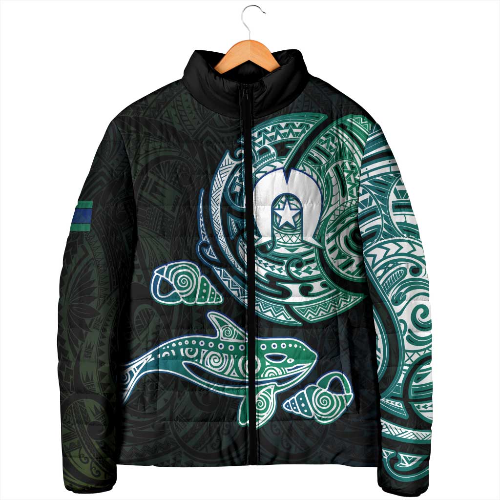 Whale and Dhari Torres Strait Islands Padded Jacket Deep Green Oceanic Tribal Pattern Art