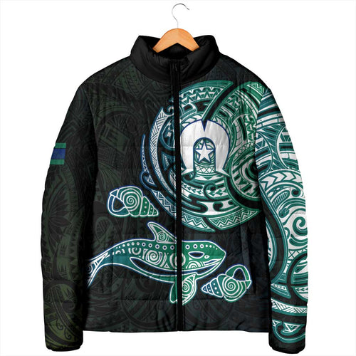 Whale and Dhari Torres Strait Islands Padded Jacket Deep Green Oceanic Tribal Pattern Art