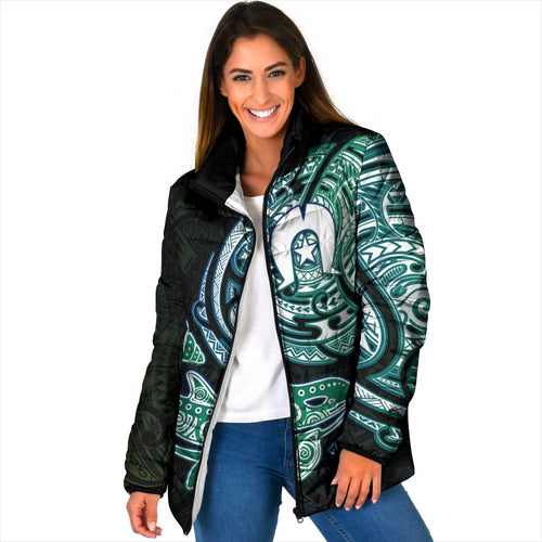 Whale and Dhari Torres Strait Islands Padded Jacket Deep Green Oceanic Tribal Pattern Art