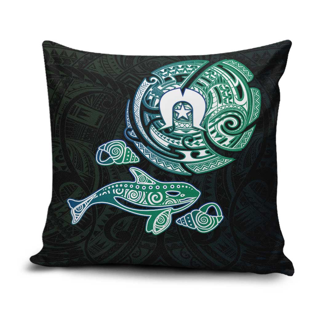 Whale and Dhari Torres Strait Islands Pillow Cover Deep Green Oceanic Tribal Pattern Art