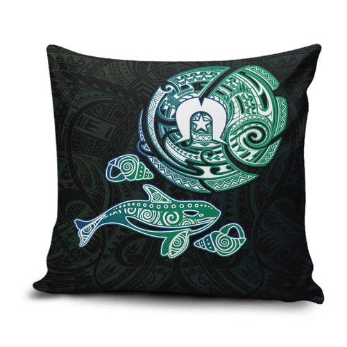 Whale and Dhari Torres Strait Islands Pillow Cover Deep Green Oceanic Tribal Pattern Art