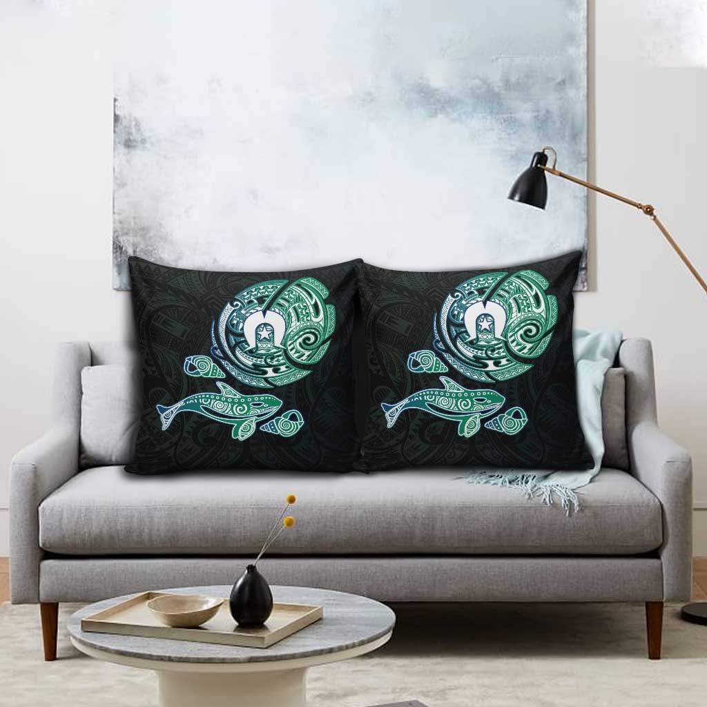 Whale and Dhari Torres Strait Islands Pillow Cover Deep Green Oceanic Tribal Pattern Art