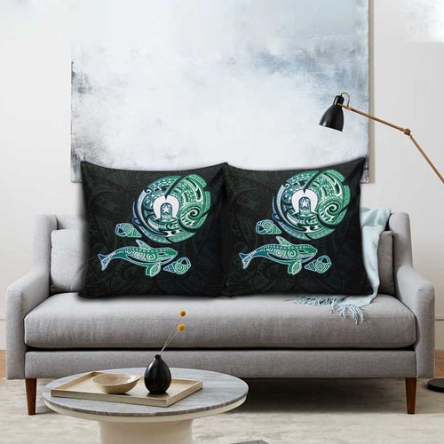 Whale and Dhari Torres Strait Islands Pillow Cover Deep Green Oceanic Tribal Pattern Art