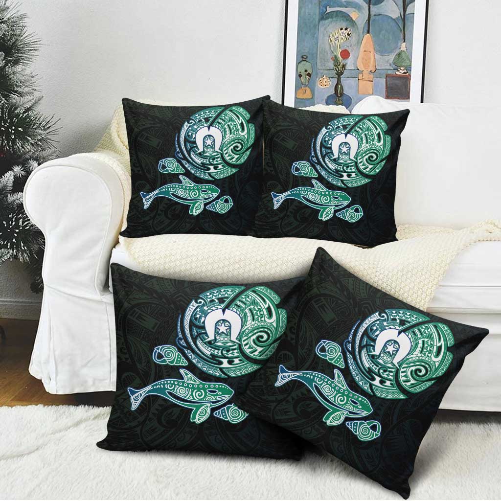 Whale and Dhari Torres Strait Islands Pillow Cover Deep Green Oceanic Tribal Pattern Art