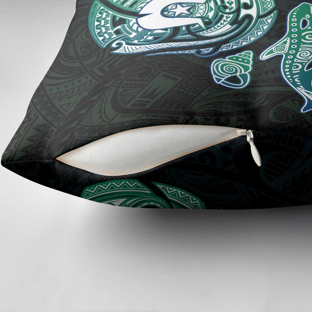 Whale and Dhari Torres Strait Islands Pillow Cover Deep Green Oceanic Tribal Pattern Art