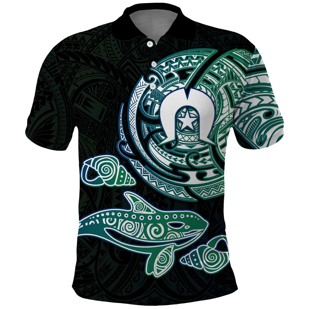 Whale and Dhari Torres Strait Islands Polo Shirt Deep Green Oceanic Tribal Pattern Art