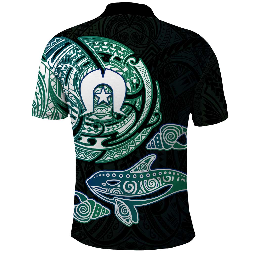 Whale and Dhari Torres Strait Islands Polo Shirt Deep Green Oceanic Tribal Pattern Art
