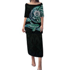 Whale and Dhari Torres Strait Islands Puletasi Deep Green Oceanic Tribal Pattern Art