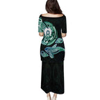 Whale and Dhari Torres Strait Islands Puletasi Deep Green Oceanic Tribal Pattern Art